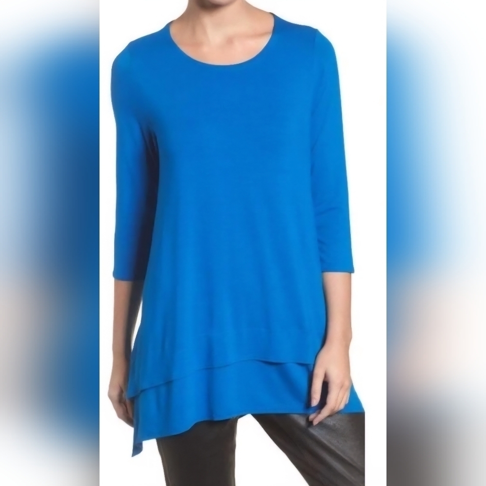 0027 Eileen Fisher Lightweight Viscose Jersey Round Neck Tunic Top Size S Blue